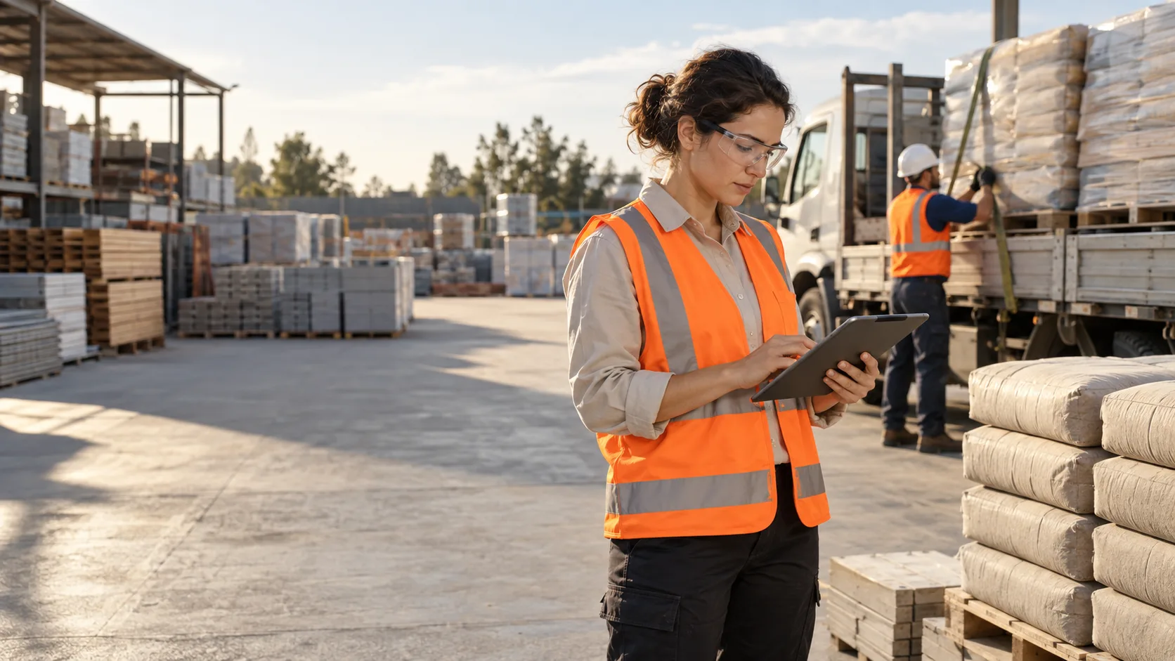 Personas coordinando materiales y una entrega en un entorno de construcción