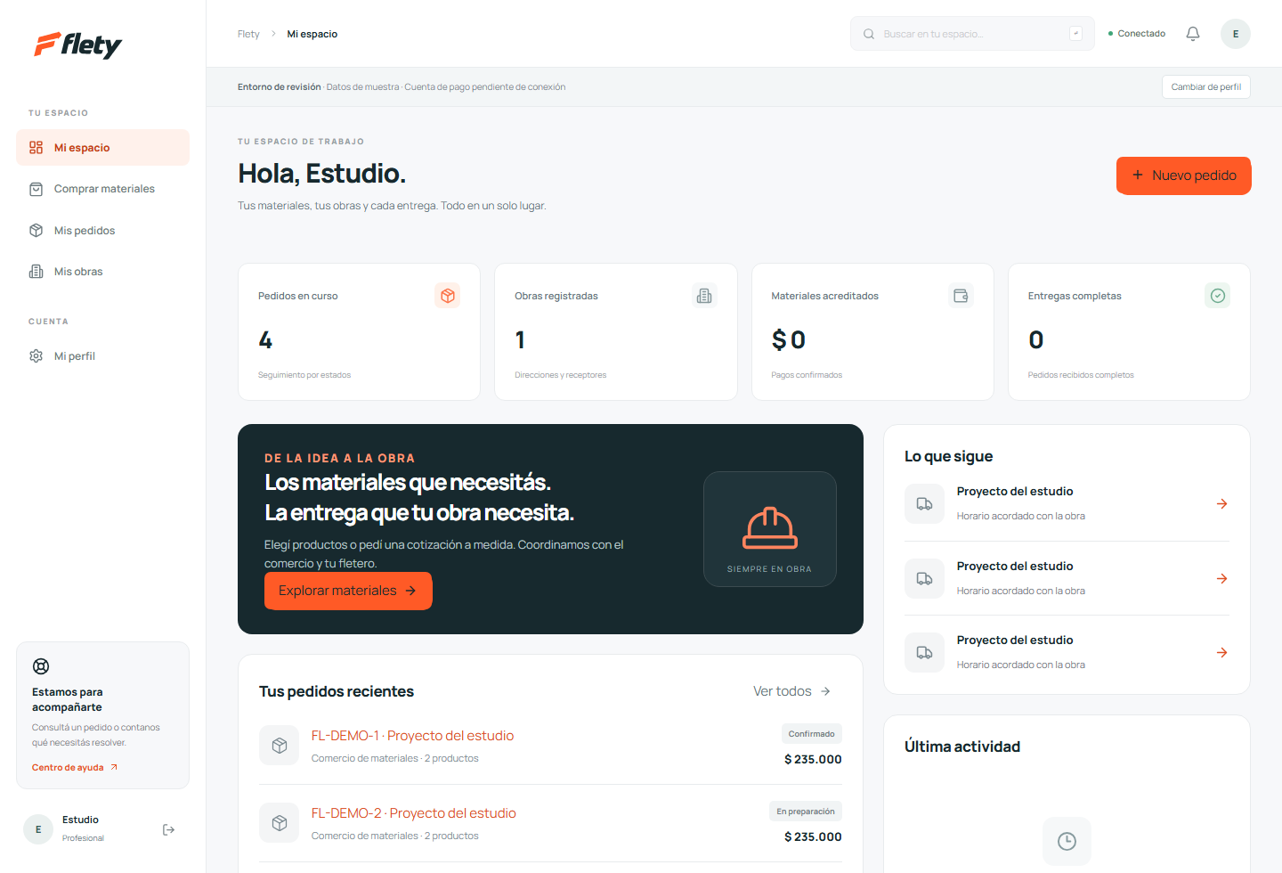 Vista de demostración del espacio comprador de Flety